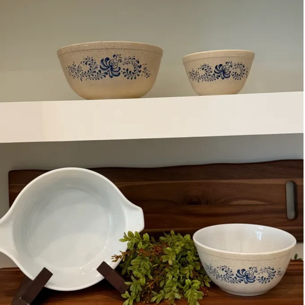 Vintage Blue Floral Stoneware Bowls